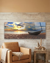 Wooden Boat Sunset Sandy Beach Glass Wall Art