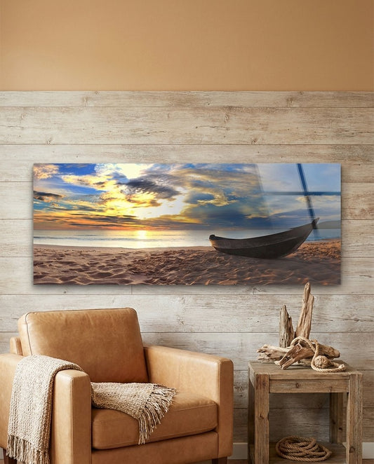 Wooden Boat Sunset Sandy Beach Glass Wall Art