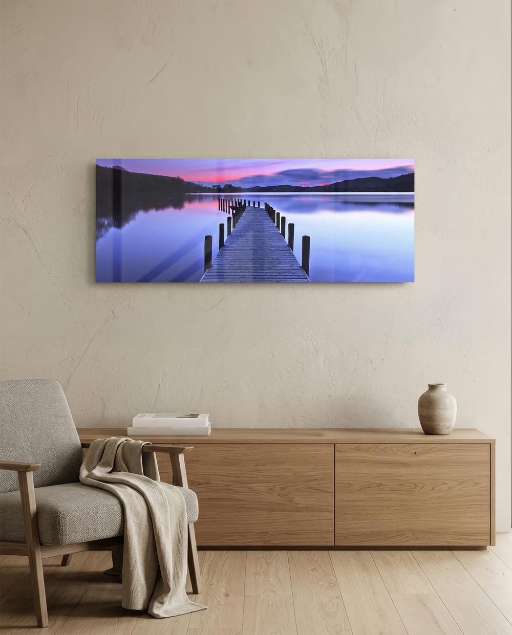 Purple Twilight Wooden Jetty Glass Wall Art lifestyle preview A