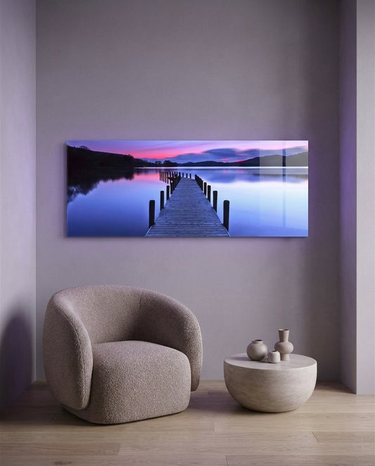 Purple Twilight Wooden Jetty Glass Wall Art