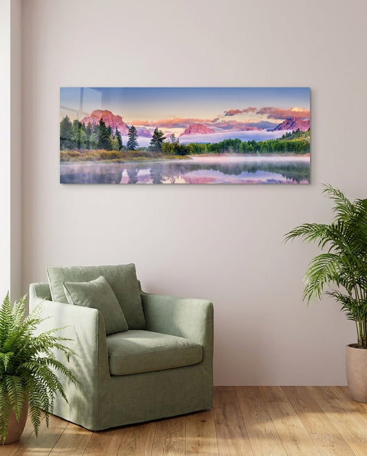 Foggy Mountain Glass Wall Art (36"x14")