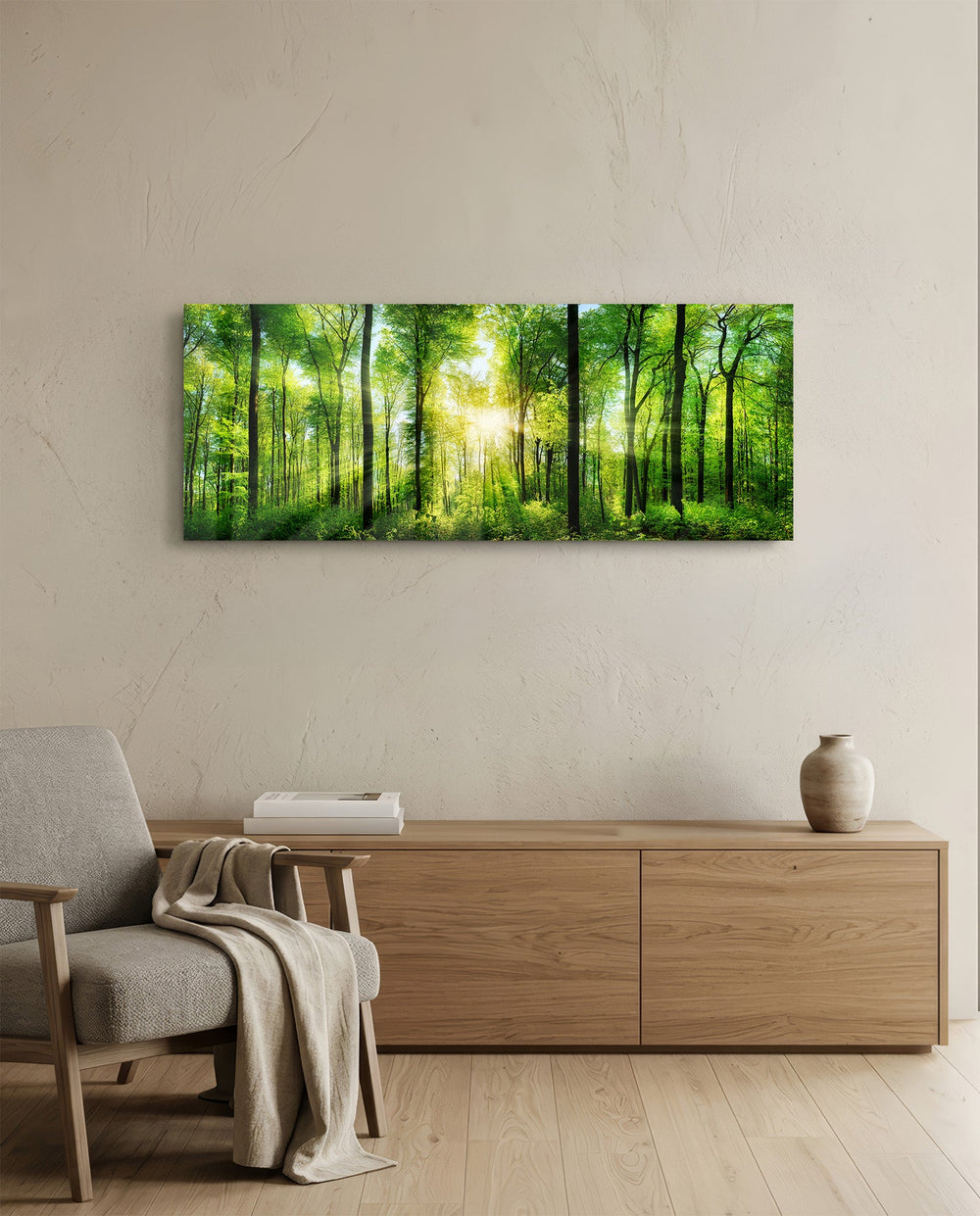 Sunburst Through Green Beech Forest Glass Wall Art lifestyle preview A