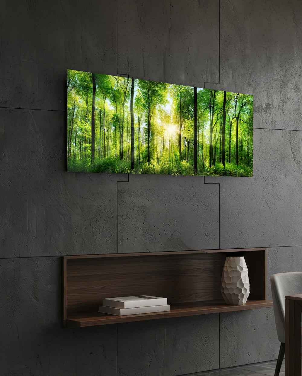 Sunburst Through Green Beech Forest Glass Wall Art lifestyle preview B