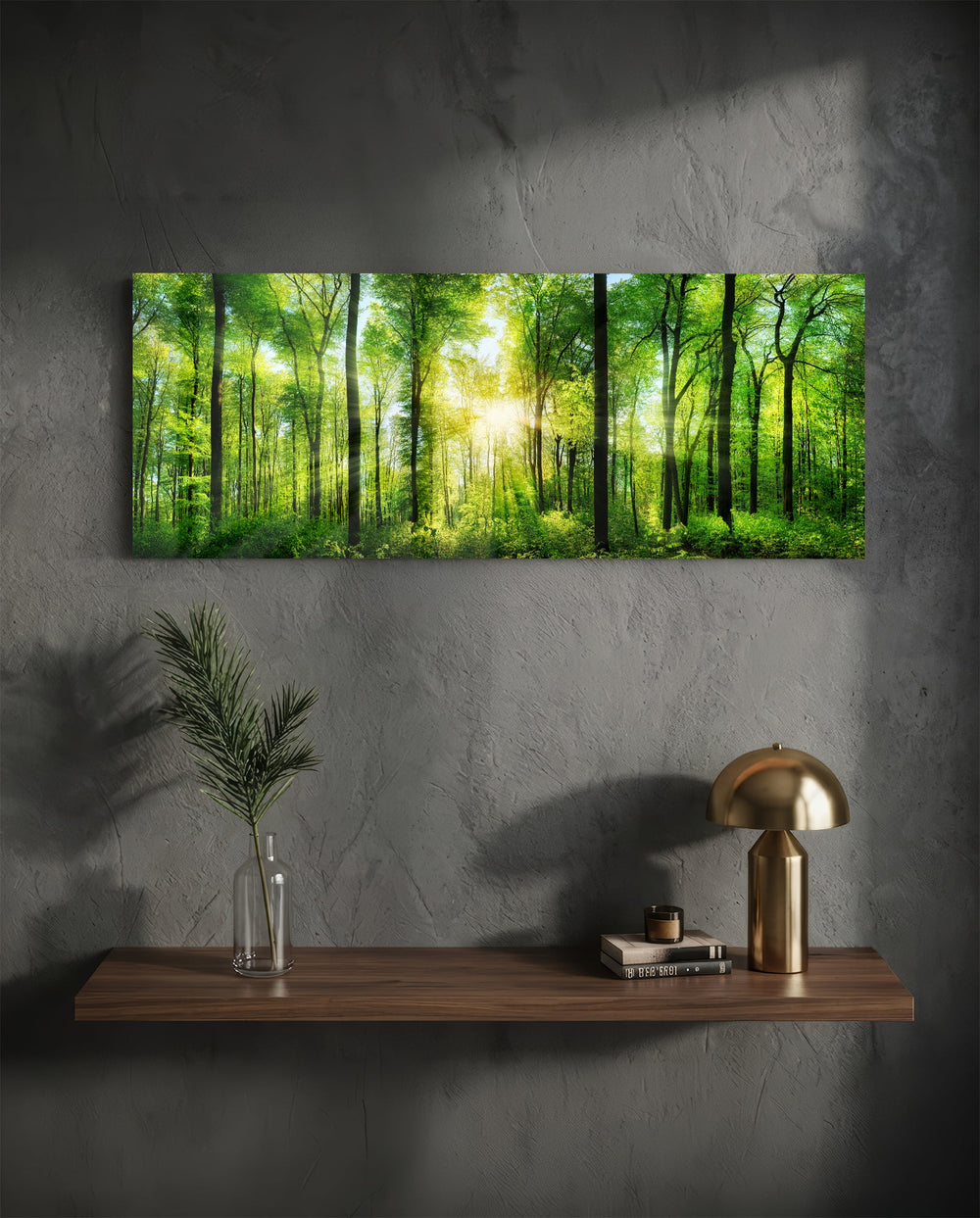 Sunburst Through Green Beech Forest Glass Wall Art lifestyle preview D