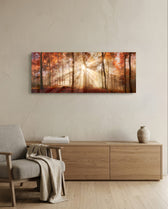 Amber Autumn Forest Light Rays Glass Wall Art lifestyle preview A