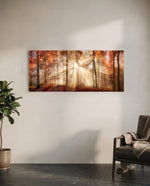 Amber Autumn Forest Light Rays Glass Wall Art lifestyle preview C