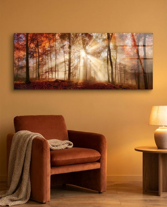 Amber Autumn Forest Light Rays Glass Wall Art