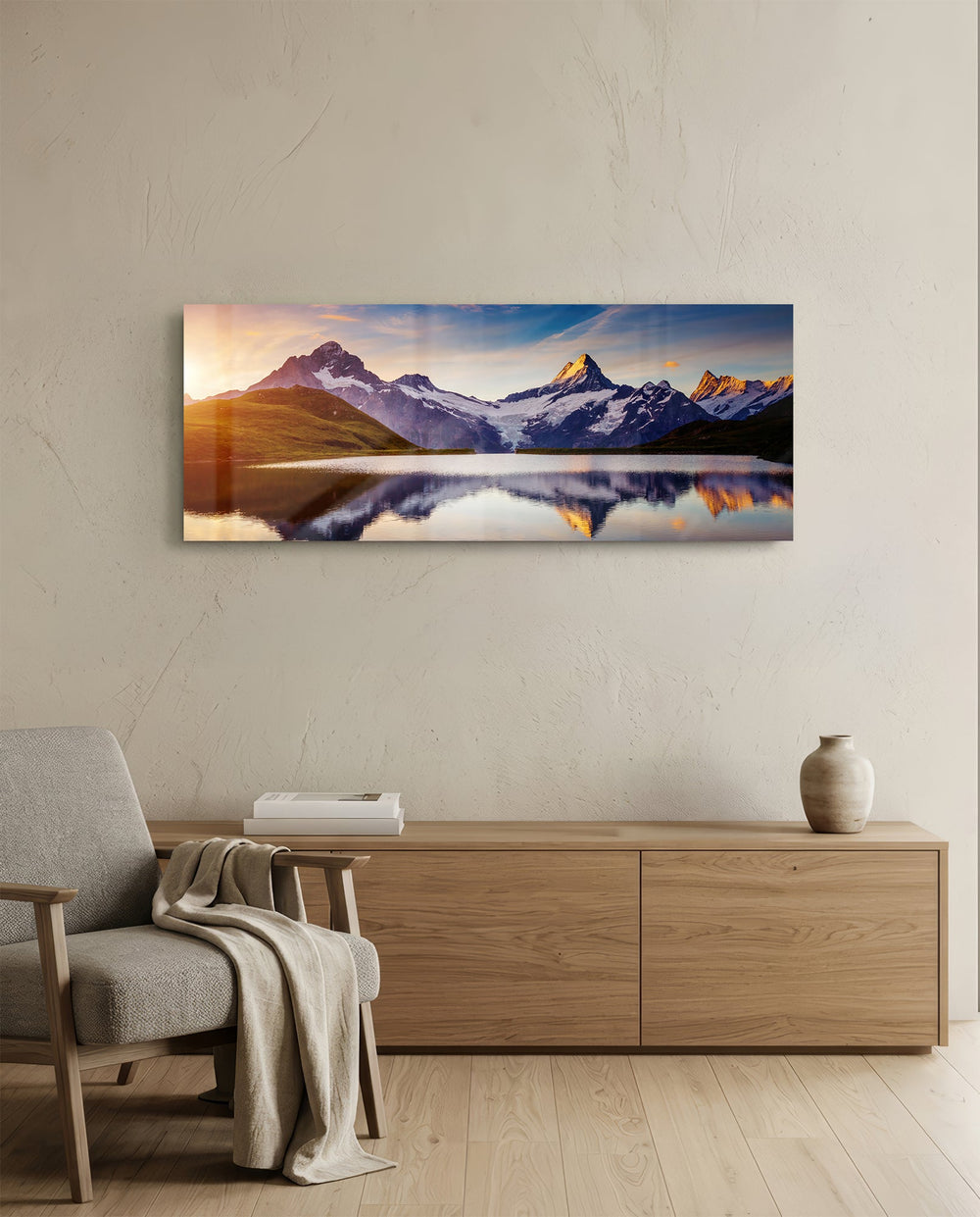 Sunrise Snowy Peaks Mirror Lake Glass Wall Art lifestyle preview A