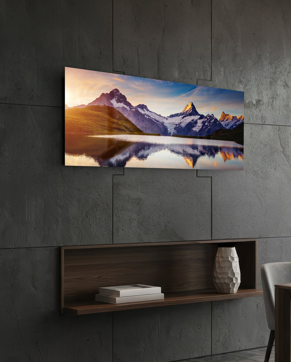 Sunrise Snowy Peaks Mirror Lake Glass Wall Art lifestyle preview B