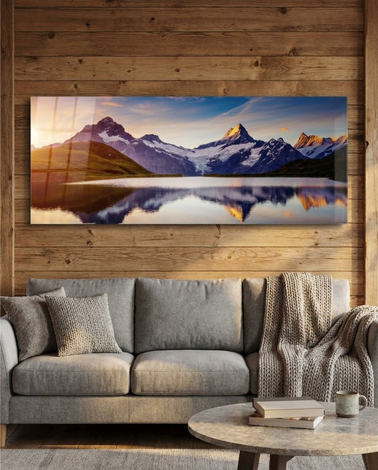 Sunrise Snowy Peaks Mirror Lake Glass Wall Art