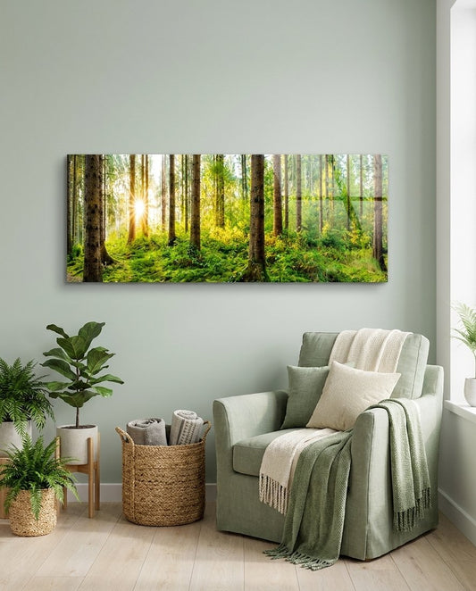 Starburst Sun Mossy Pine Forest Glass Wall Art