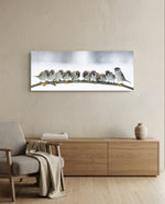 Snowy Sparrow Flock Lichen Branch Glass Wall Art lifestyle preview A
