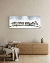 Snowy Sparrow Flock Lichen Branch Glass Wall Art lifestyle preview A