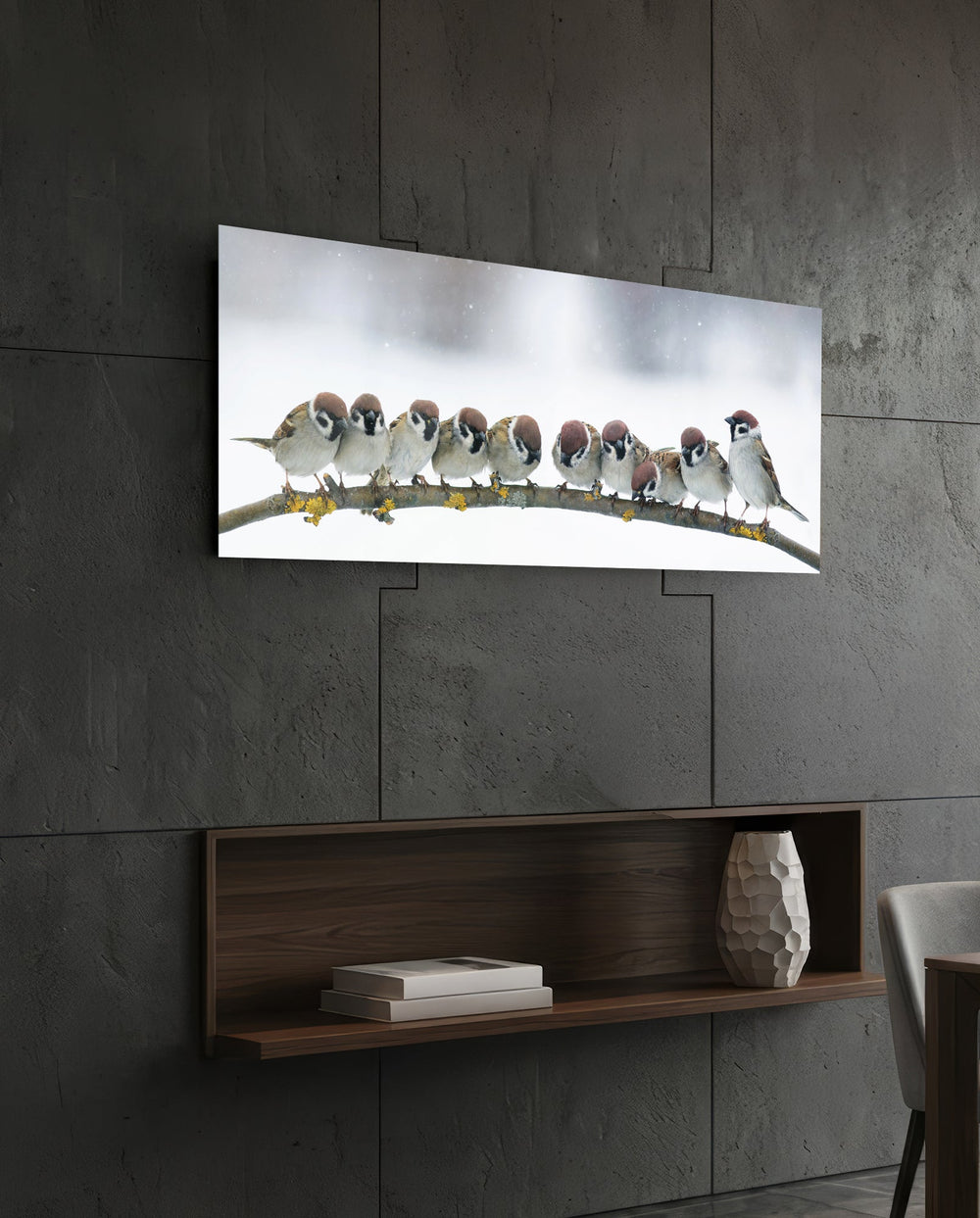 Snowy Sparrow Flock Lichen Branch Glass Wall Art lifestyle preview B