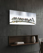 Snowy Sparrow Flock Lichen Branch Glass Wall Art lifestyle preview B