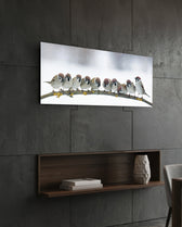 Snowy Sparrow Flock Lichen Branch Glass Wall Art lifestyle preview B