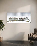 Snowy Sparrow Flock Lichen Branch Glass Wall Art lifestyle preview C