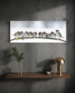 Snowy Sparrow Flock Lichen Branch Glass Wall Art lifestyle preview D