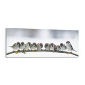 Snowy Sparrow Flock Lichen Branch Glass Wall Art lifestyle preview F