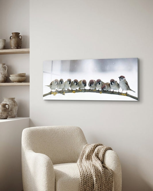 Snowy Sparrow Flock Lichen Branch Glass Wall Art