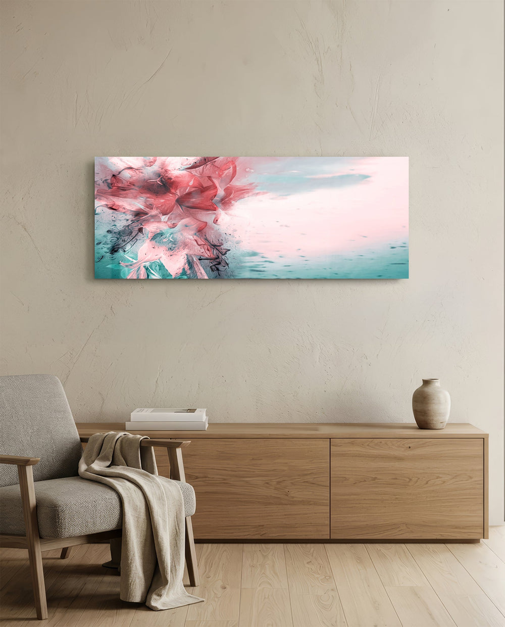 Coral And Teal Ink Burst Abstract Glass Wall Art lifestyle preview A