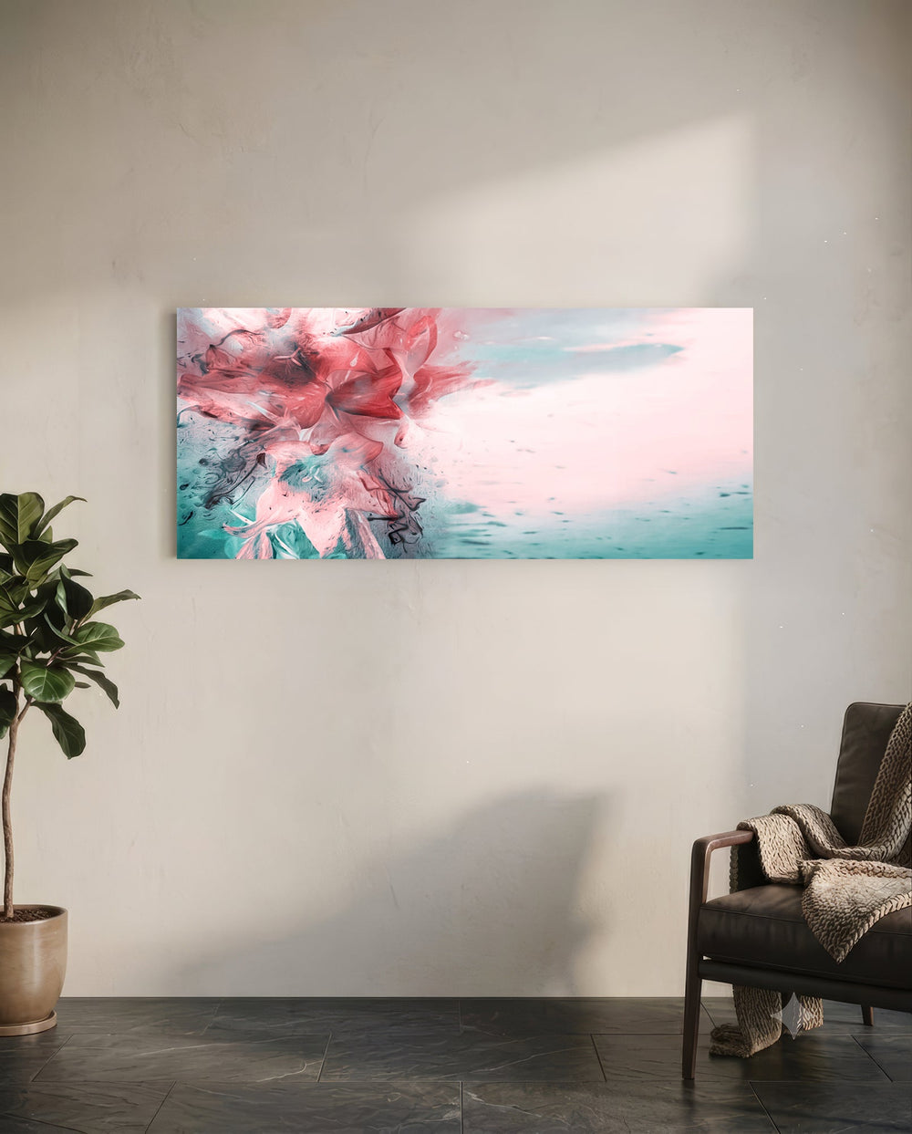 Coral And Teal Ink Burst Abstract Glass Wall Art lifestyle preview C
