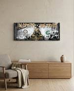 A distressed dollar-bill collage with a gold-robed cartoon tycoon meditating in lotus pose, crowned by dripping gold graffiti lettering and a bitcoin coin motif. panoramic glass wall art A