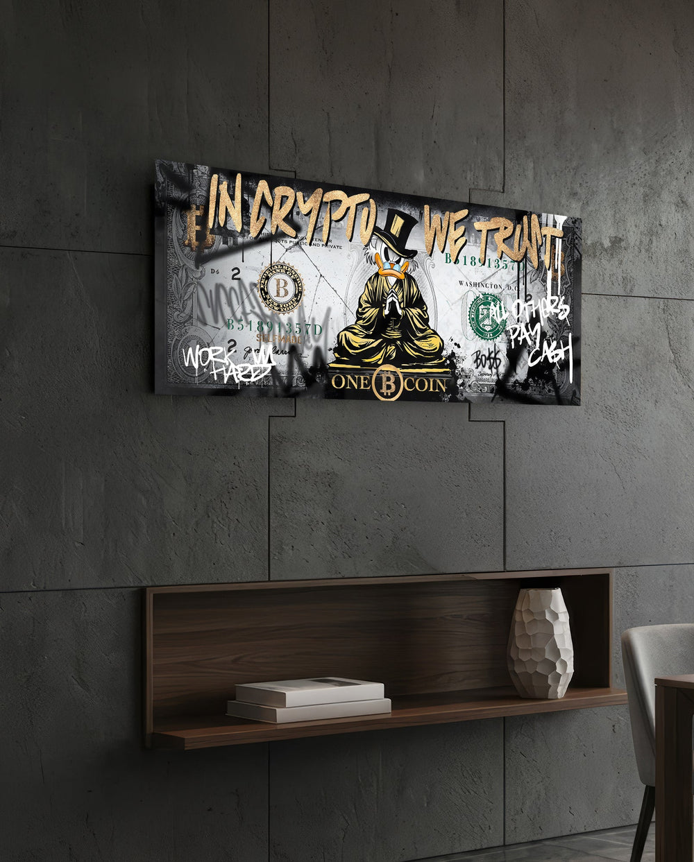 Golden Crypto Money Meditation Glass Wall Art (36"x14")