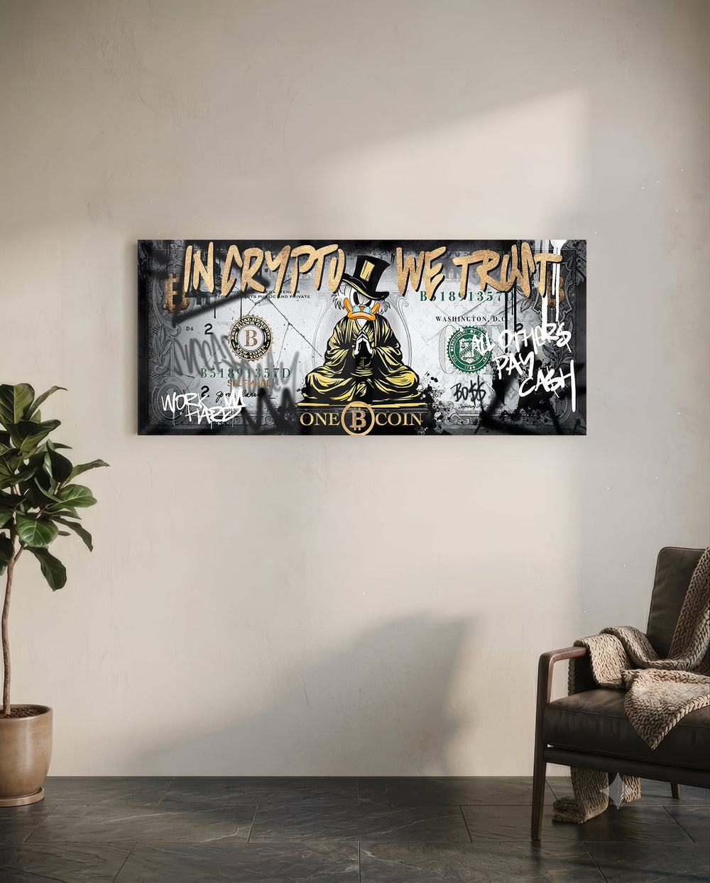 A distressed dollar-bill collage with a gold-robed cartoon tycoon meditating in lotus pose, crowned by dripping gold graffiti lettering and a bitcoin coin motif. panoramic glass wall art C