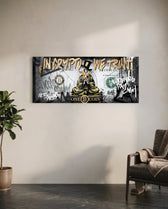 A distressed dollar-bill collage with a gold-robed cartoon tycoon meditating in lotus pose, crowned by dripping gold graffiti lettering and a bitcoin coin motif. panoramic glass wall art C