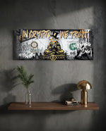 A distressed dollar-bill collage with a gold-robed cartoon tycoon meditating in lotus pose, crowned by dripping gold graffiti lettering and a bitcoin coin motif. panoramic glass wall art D