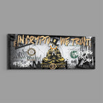 A distressed dollar-bill collage with a gold-robed cartoon tycoon meditating in lotus pose, crowned by dripping gold graffiti lettering and a bitcoin coin motif. panoramic glass wall art E