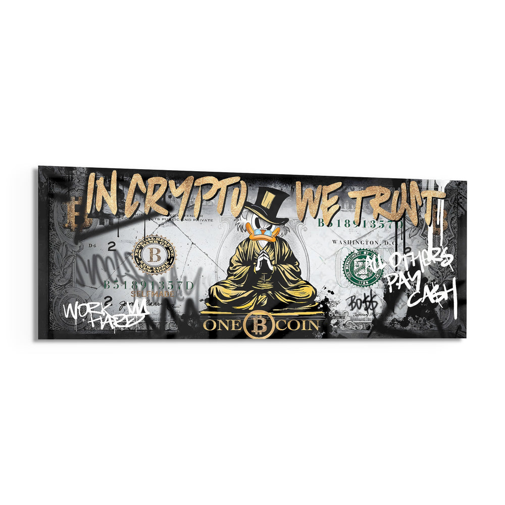 A distressed dollar-bill collage with a gold-robed cartoon tycoon meditating in lotus pose, crowned by dripping gold graffiti lettering and a bitcoin coin motif. panoramic glass wall art F