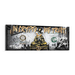 A distressed dollar-bill collage with a gold-robed cartoon tycoon meditating in lotus pose, crowned by dripping gold graffiti lettering and a bitcoin coin motif. panoramic glass wall art F