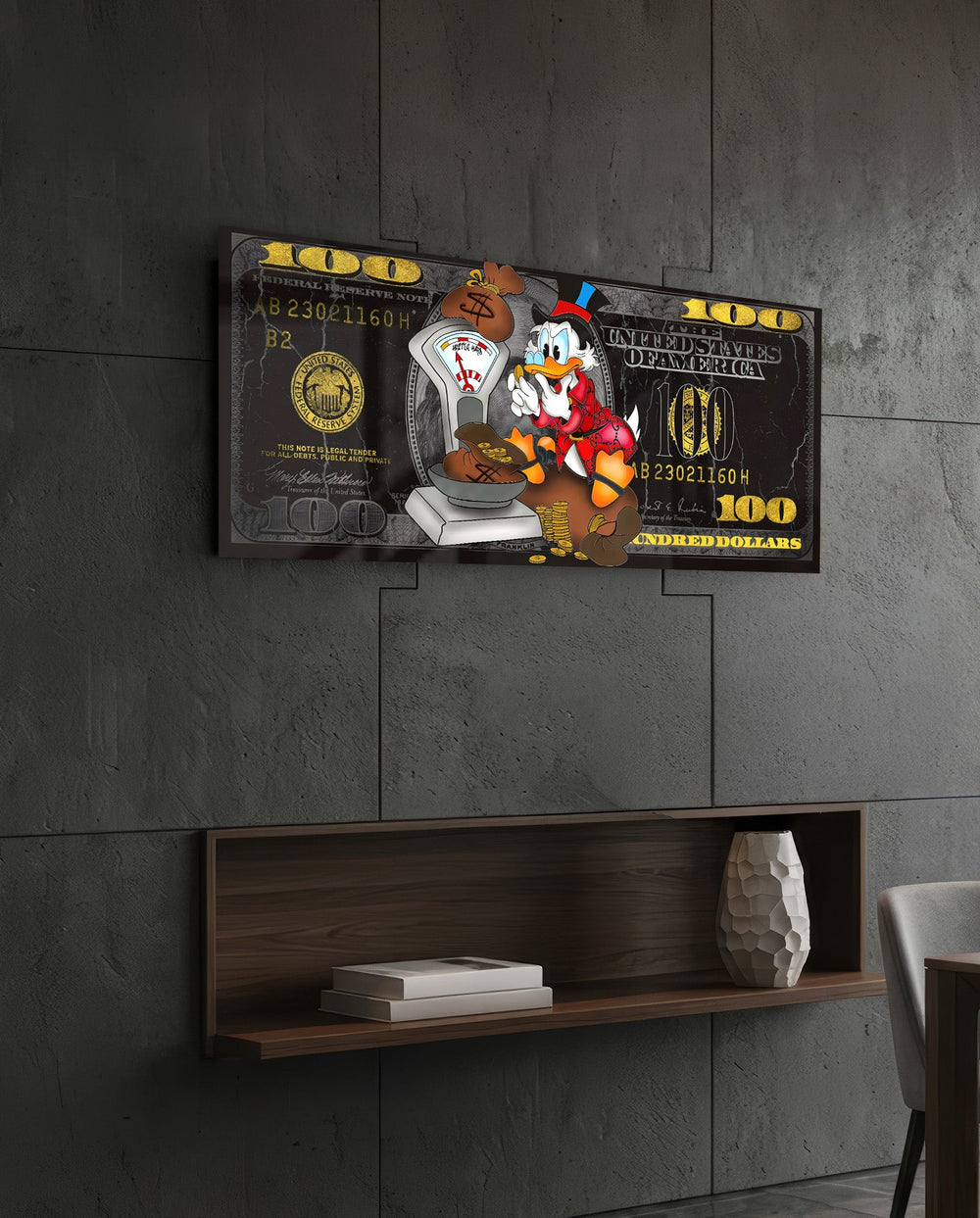 Golden Hustle Hundred Dollar Glass Wall Art (36"x14")