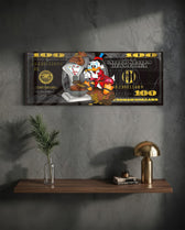 A black-and-gold hundred-dollar note reworked as pop art, with a cartoon tycoon in a red designer outfit weighing bulging money bags on an old balance scale. panoramic glass wall art D