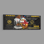 A black-and-gold hundred-dollar note reworked as pop art, with a cartoon tycoon in a red designer outfit weighing bulging money bags on an old balance scale. panoramic glass wall art E