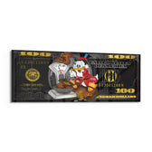 A black-and-gold hundred-dollar note reworked as pop art, with a cartoon tycoon in a red designer outfit weighing bulging money bags on an old balance scale. panoramic glass wall art F