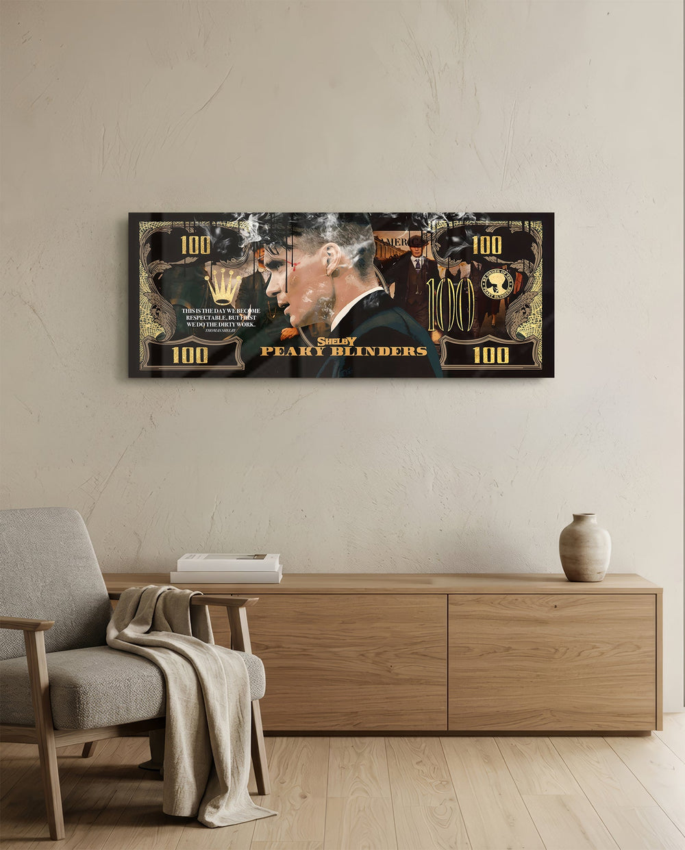 A black-and-gold hundred-dollar note styled as a cinematic collage, with a side-profile portrait of a sharp-suited 1920s gangster smoking a cigarette, curling smoke, and a gold crown motif. panoramic glass wall art A
