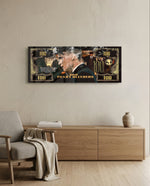 A black-and-gold hundred-dollar note styled as a cinematic collage, with a side-profile portrait of a sharp-suited 1920s gangster smoking a cigarette, curling smoke, and a gold crown motif. panoramic glass wall art A