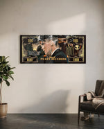 A black-and-gold hundred-dollar note styled as a cinematic collage, with a side-profile portrait of a sharp-suited 1920s gangster smoking a cigarette, curling smoke, and a gold crown motif. panoramic glass wall art C