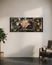 A black-and-gold hundred-dollar note styled as a cinematic collage, with a side-profile portrait of a sharp-suited 1920s gangster smoking a cigarette, curling smoke, and a gold crown motif. panoramic glass wall art C