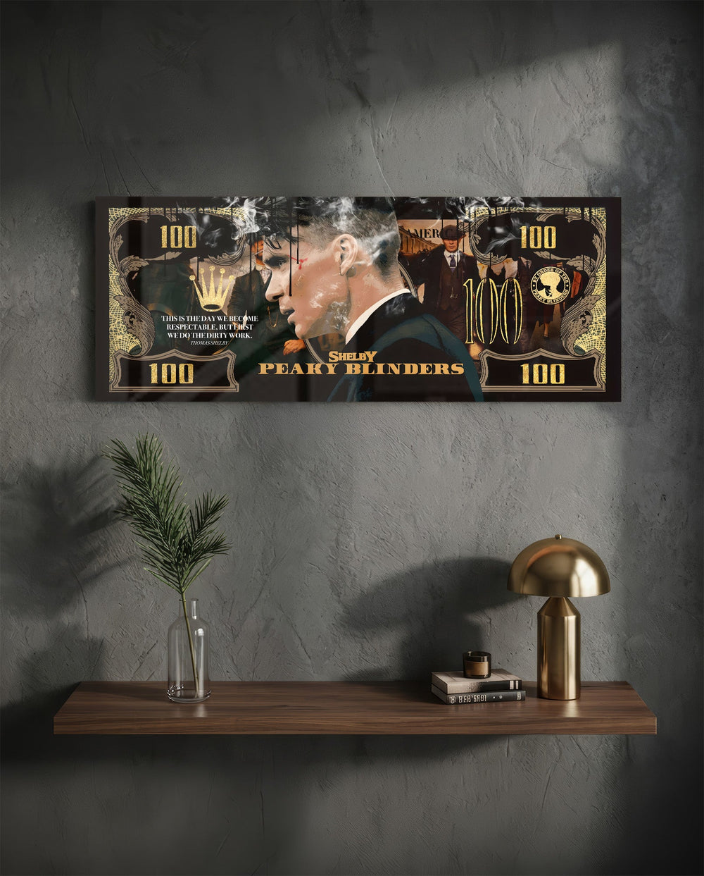 A black-and-gold hundred-dollar note styled as a cinematic collage, with a side-profile portrait of a sharp-suited 1920s gangster smoking a cigarette, curling smoke, and a gold crown motif. panoramic glass wall art D