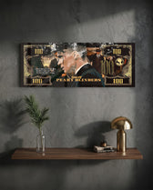A black-and-gold hundred-dollar note styled as a cinematic collage, with a side-profile portrait of a sharp-suited 1920s gangster smoking a cigarette, curling smoke, and a gold crown motif. panoramic glass wall art D