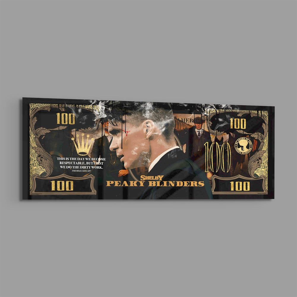 A black-and-gold hundred-dollar note styled as a cinematic collage, with a side-profile portrait of a sharp-suited 1920s gangster smoking a cigarette, curling smoke, and a gold crown motif. panoramic glass wall art E