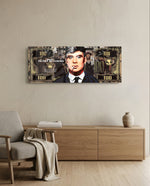 A gold-toned hundred-dollar note styled as a cinematic collage, with a front-facing portrait of a blue-eyed 1920s gangster in a pinstripe suit smoking a cigarette amid drifting smoke. panoramic glass wall art A