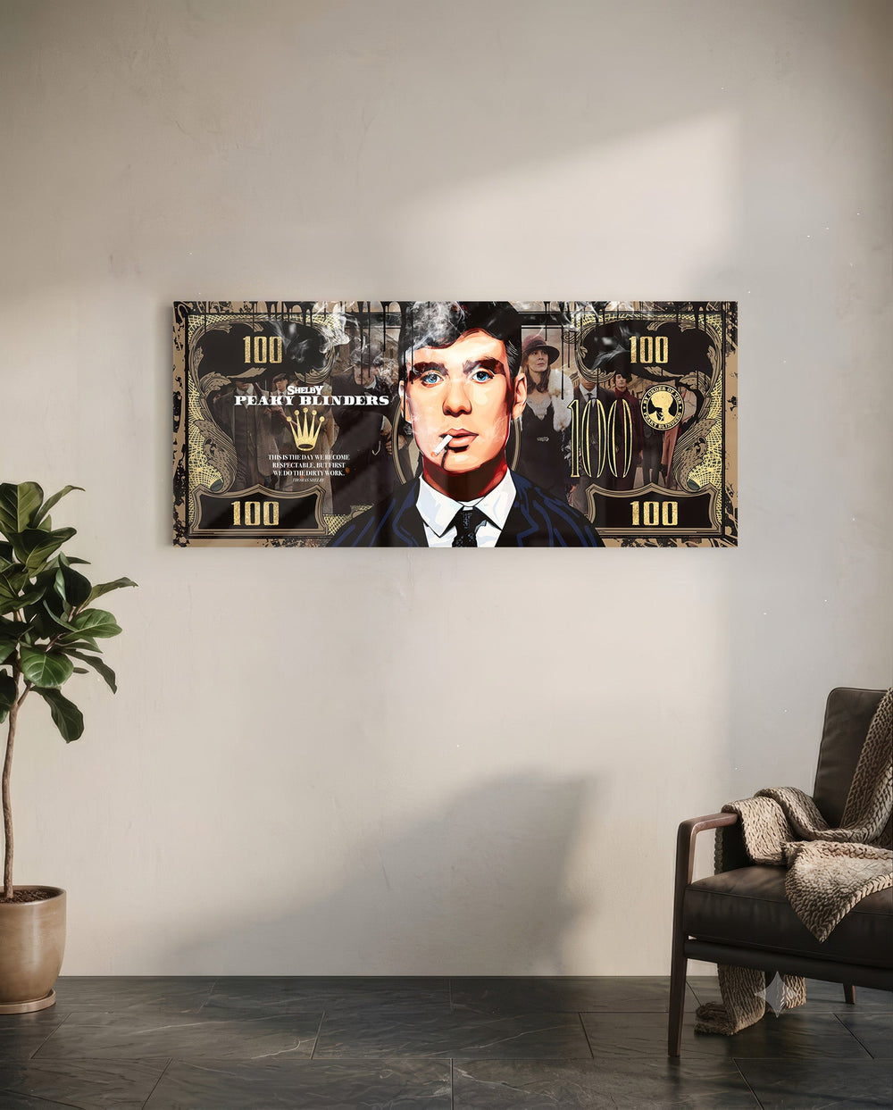 A gold-toned hundred-dollar note styled as a cinematic collage, with a front-facing portrait of a blue-eyed 1920s gangster in a pinstripe suit smoking a cigarette amid drifting smoke. panoramic glass wall art C