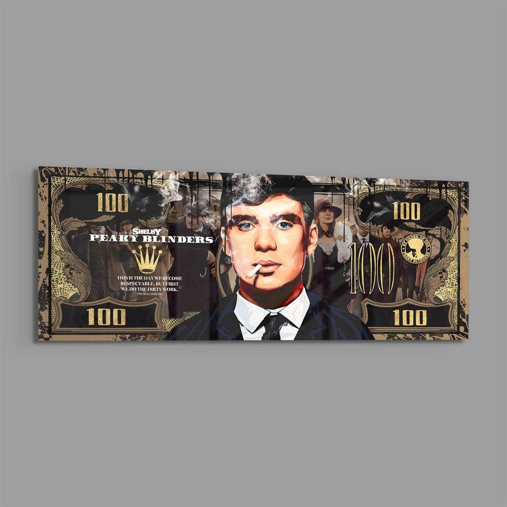 A gold-toned hundred-dollar note styled as a cinematic collage, with a front-facing portrait of a blue-eyed 1920s gangster in a pinstripe suit smoking a cigarette amid drifting smoke. panoramic glass wall art E