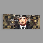 A gold-toned hundred-dollar note styled as a cinematic collage, with a front-facing portrait of a blue-eyed 1920s gangster in a pinstripe suit smoking a cigarette amid drifting smoke. panoramic glass wall art E