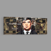 A gold-toned hundred-dollar note styled as a cinematic collage, with a front-facing portrait of a blue-eyed 1920s gangster in a pinstripe suit smoking a cigarette amid drifting smoke. panoramic glass wall art E